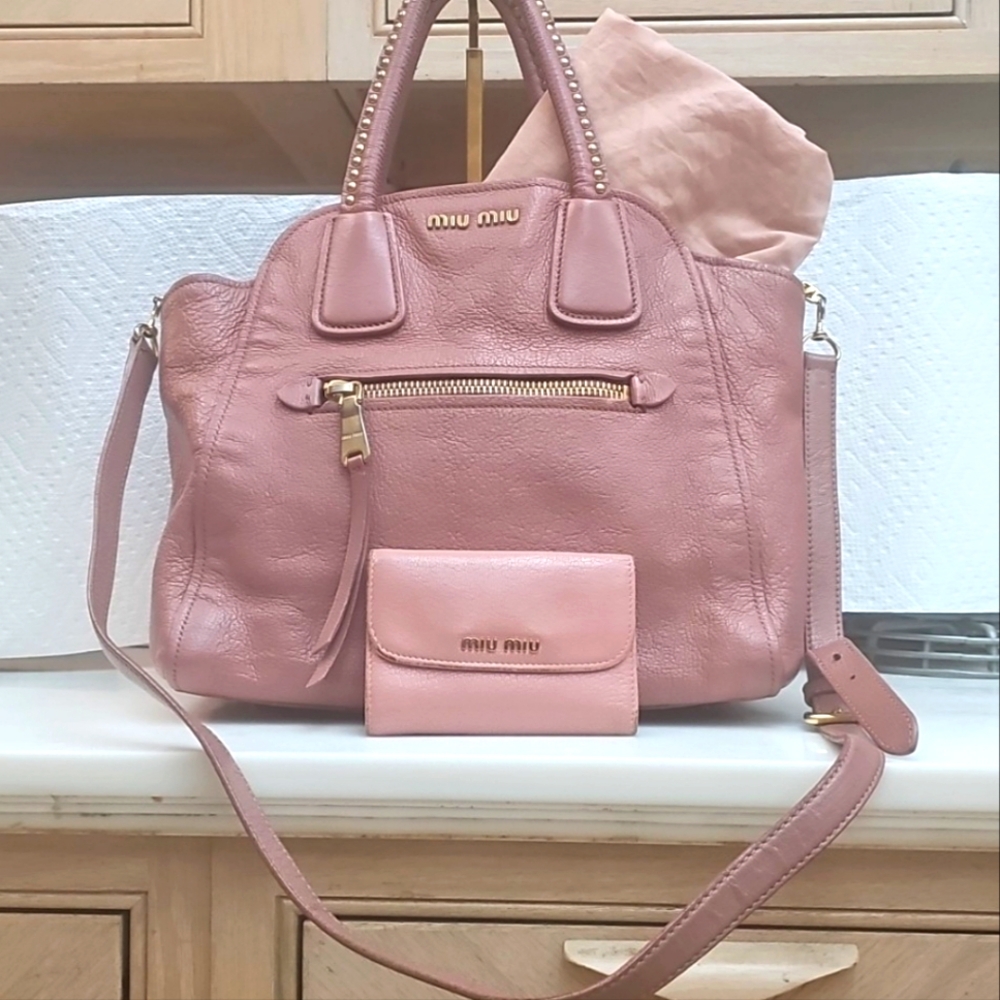 MIU MIU BAG HANDBAG SHOULDER BAG 2WAY MADRAS PINK LEATHER PURSE/WALLET